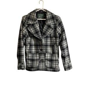 Woolrich Plaid Pea Coat  Womens Medium Black Wool Blend Buffalo Classic